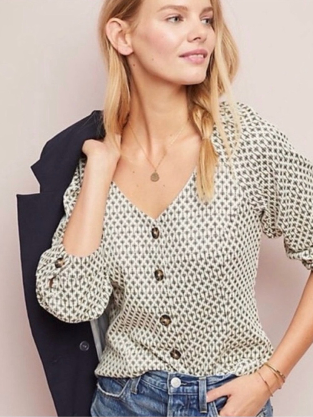 Anthropologie Cream & Black Geometric Button-Front Blouse